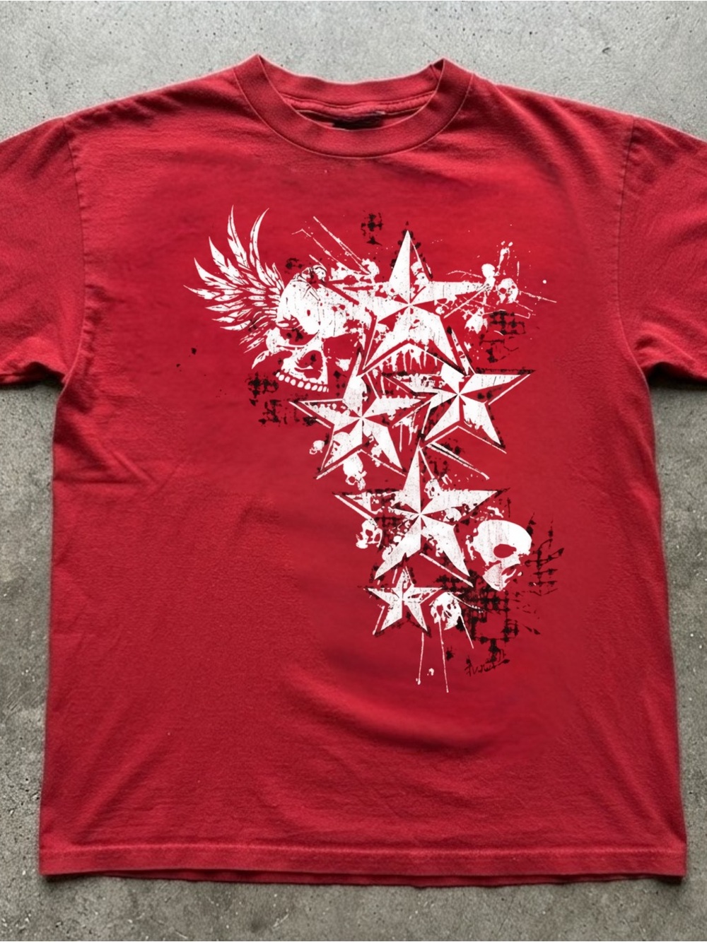 Men's Red Graphic Tee with White Star & Skull Design